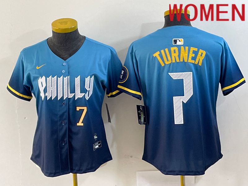 Women Philadelphia Phillies 7 Turner Blue City Edition Nike 2024 MLB Jersey style 3